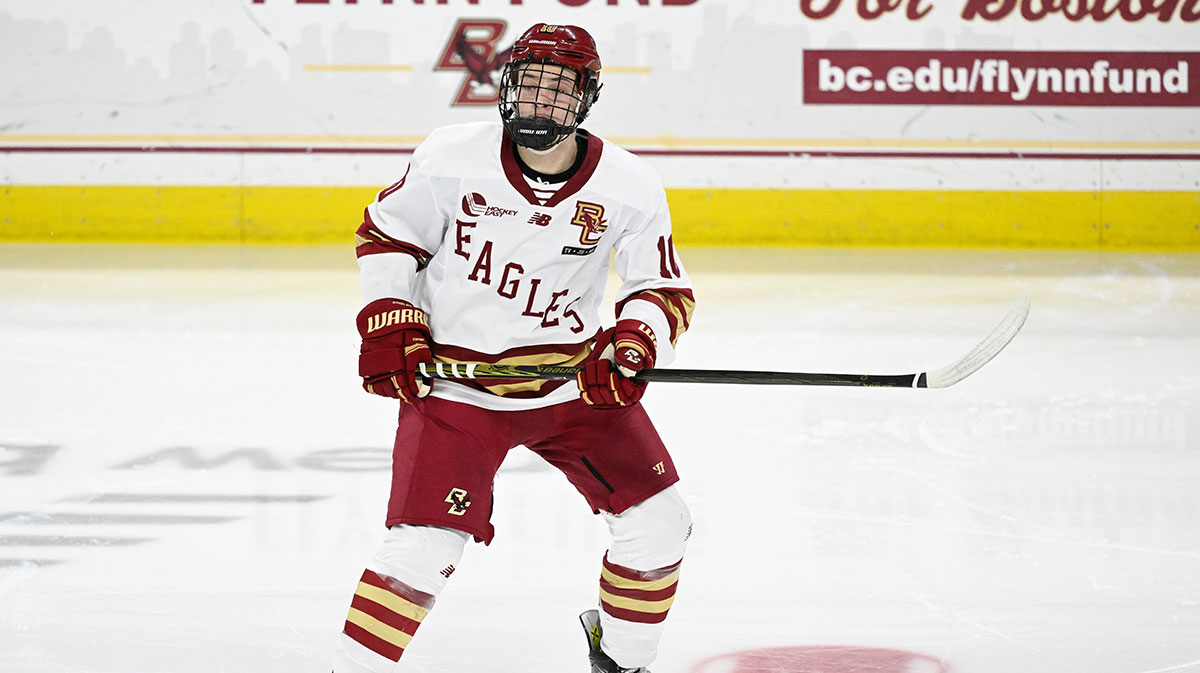Boston College forward James Hagens (10) skates against the University of New Hampshire Wildcats during the second period at Conte Forum.
