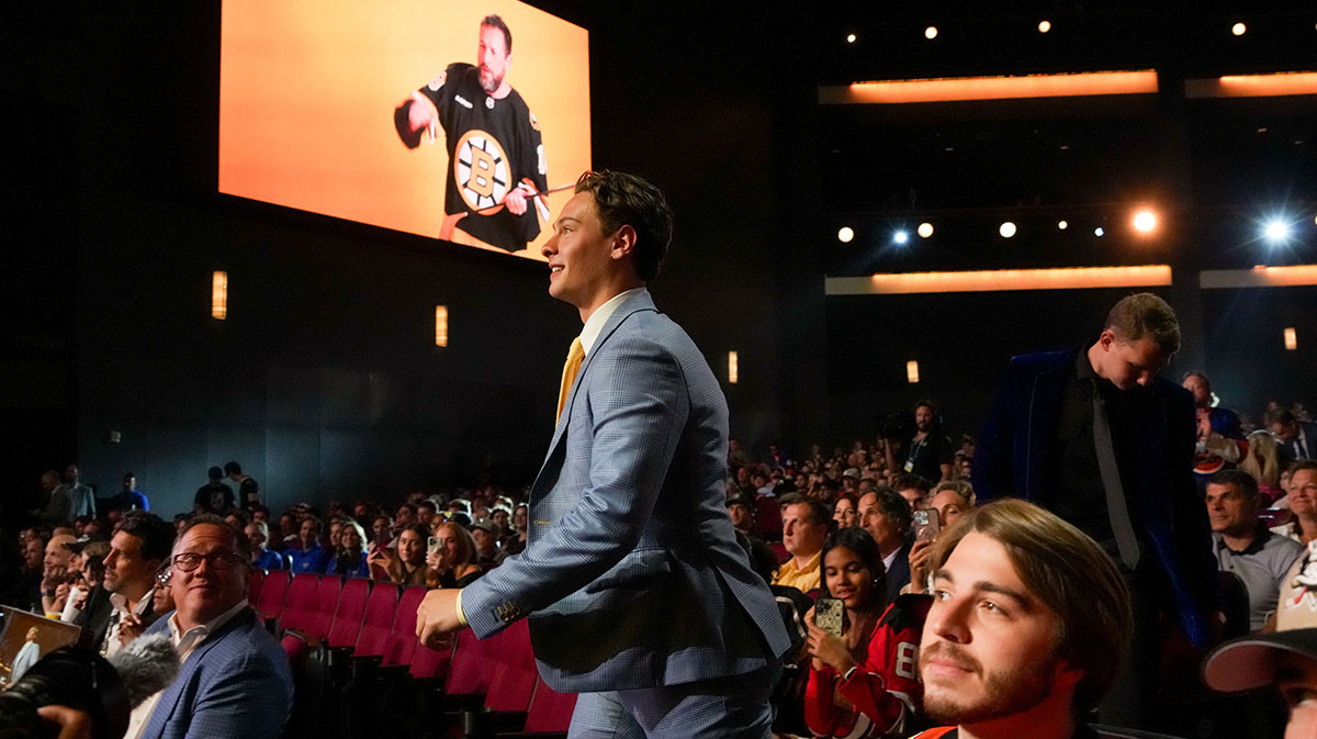 James Hagens is selected as the seventh overall pick to the Boston Bruins in the first round of the 2025 NHL Draft at Peacock Theater.
