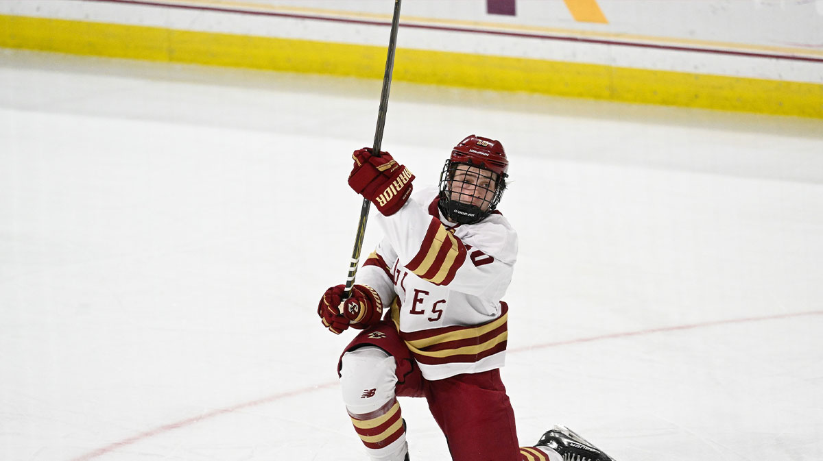 Boston College forward James Hagens (10) shoots the puck against the University of New Hampshire Wildcats during the third period at Conte Forum