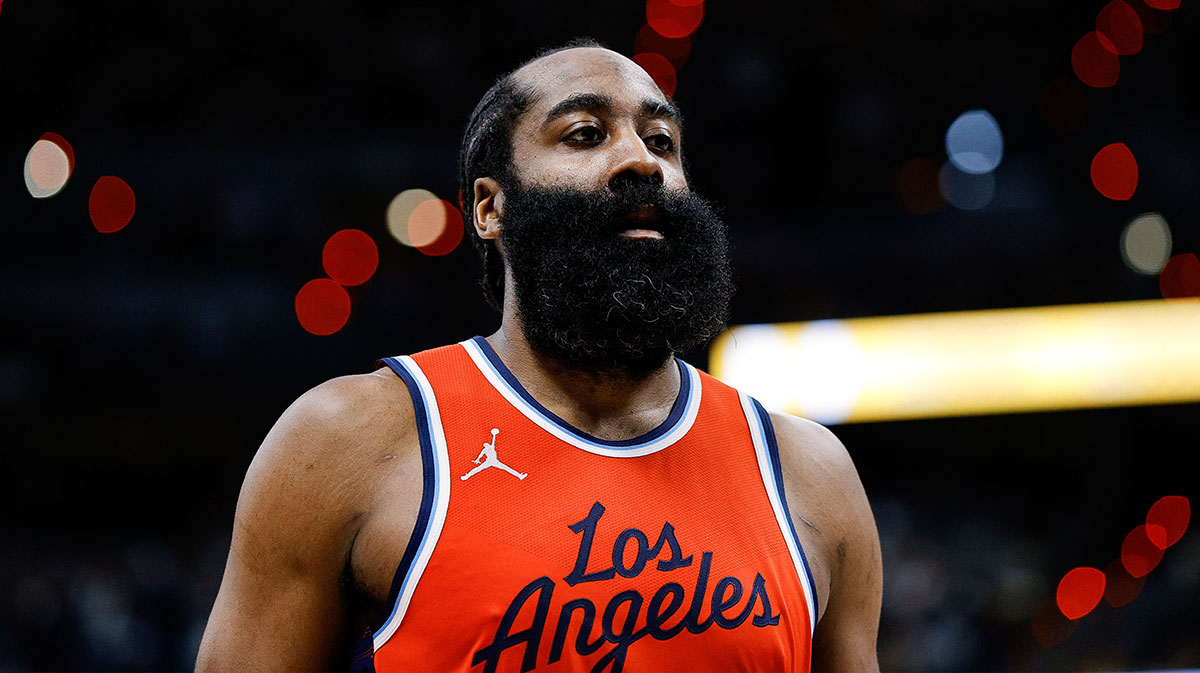 Los Angeles Clippers guard James Harden (1) in the third quarter against the Denver Nuggets during game two of first round for the 2025 NBA Playoffs at Ball Arena.