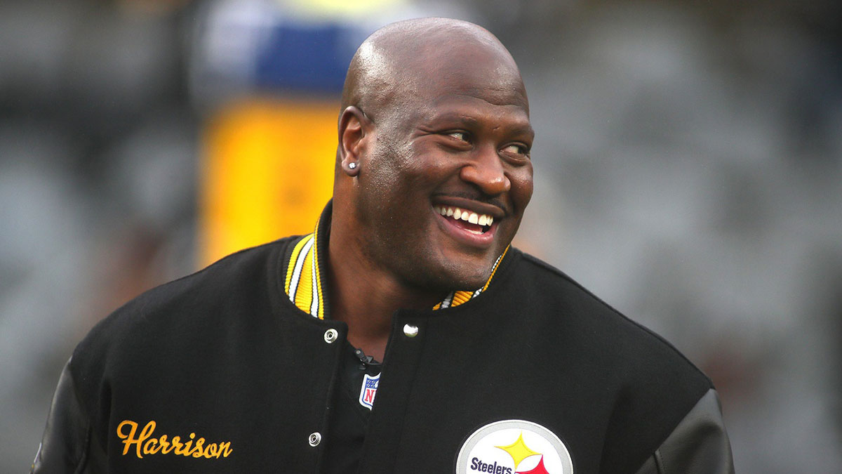 Former Steeler and Hall of Honor inductee James Harrison smiles during the Hall of Honor ceremony which took place during halftime of the Pittsburgh Steelers and Jacksonville Jaguars game at Acrisure Stadium in Pittsburgh, PA on October 29, 2023.