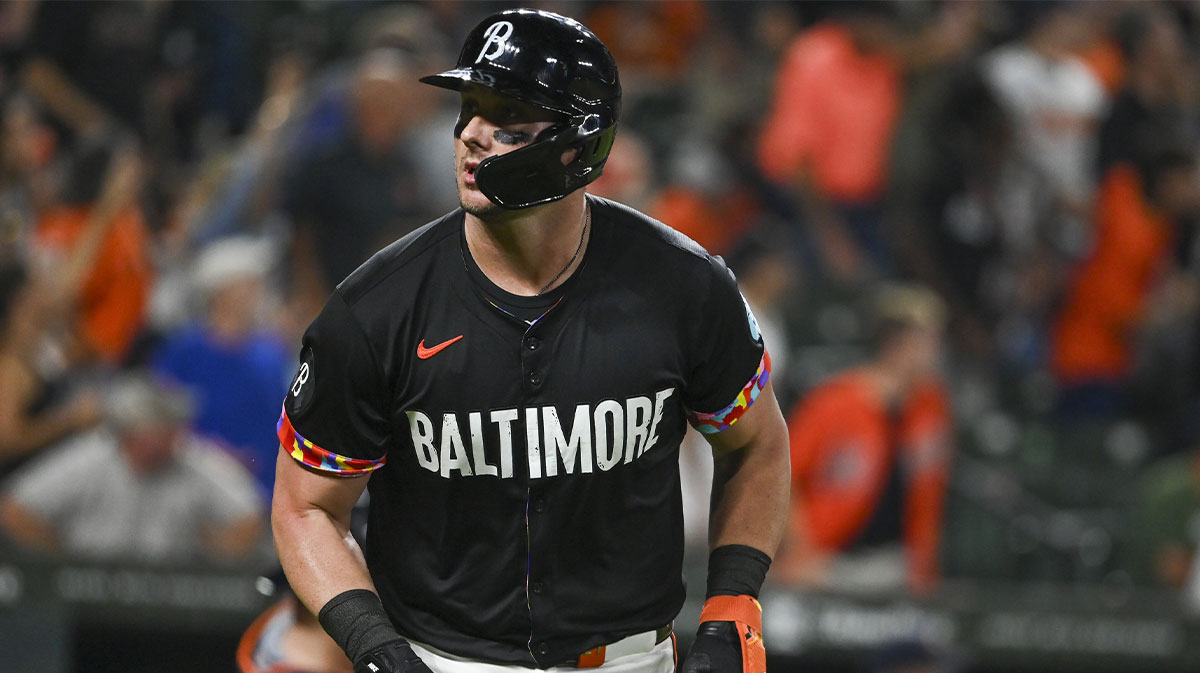 Baltimore Orioles catcher James McCann (27) reacts after hitting a sixth inning solo home run against the Detroit Tigers at Oriole Park at Camden Yards.