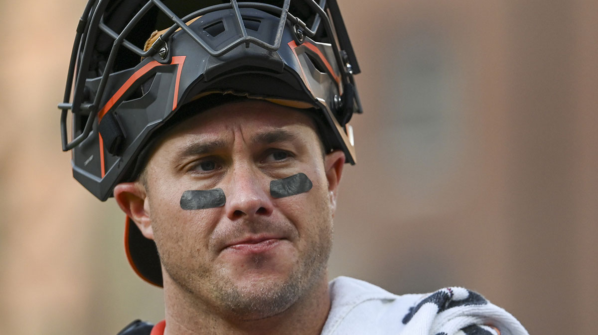 Baltimore Orioles catcher James McCann (27) walks to the dugout before the start of the game against the Chicago White Sox at Oriole Park at Camden Yards.