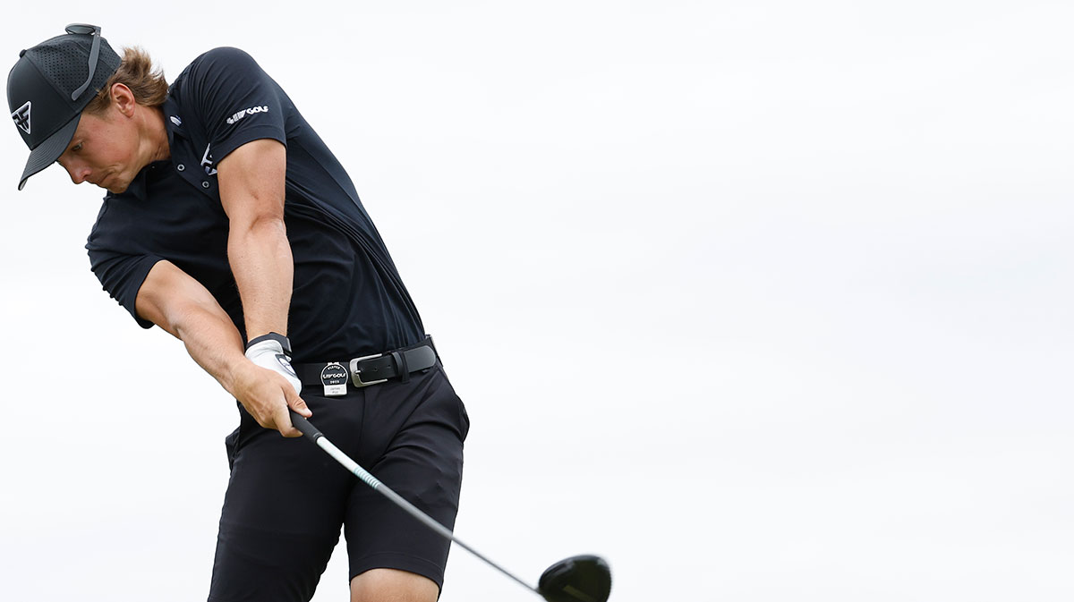 James Piot hits a tee shot on the eleventh hole during the final round of LIV Golf Washington, D.C. golf tournament at Trump National