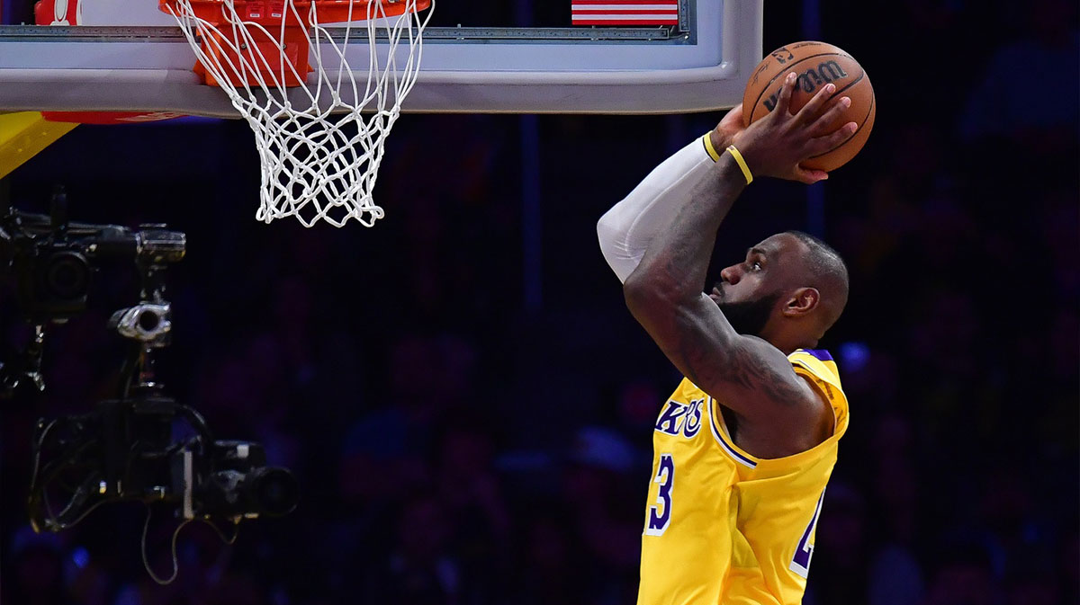 Los Angeles Lakers forward LeBron James (23) moves in for the dunk against the Minnesota Timberwolves during the second half in game five of first round for the 2025 NBA Playoffs at Crypto.com Arena.