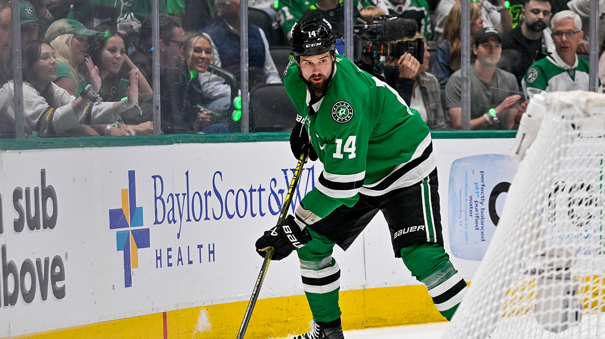 Dallas Stars left wing Jamie Benn (14) in action during the game between the Dallas Stars and the Edmonton Oilers in game five of the Western Conference Final of the 2025 Stanley Cup Playoffs at American Airlines Center.