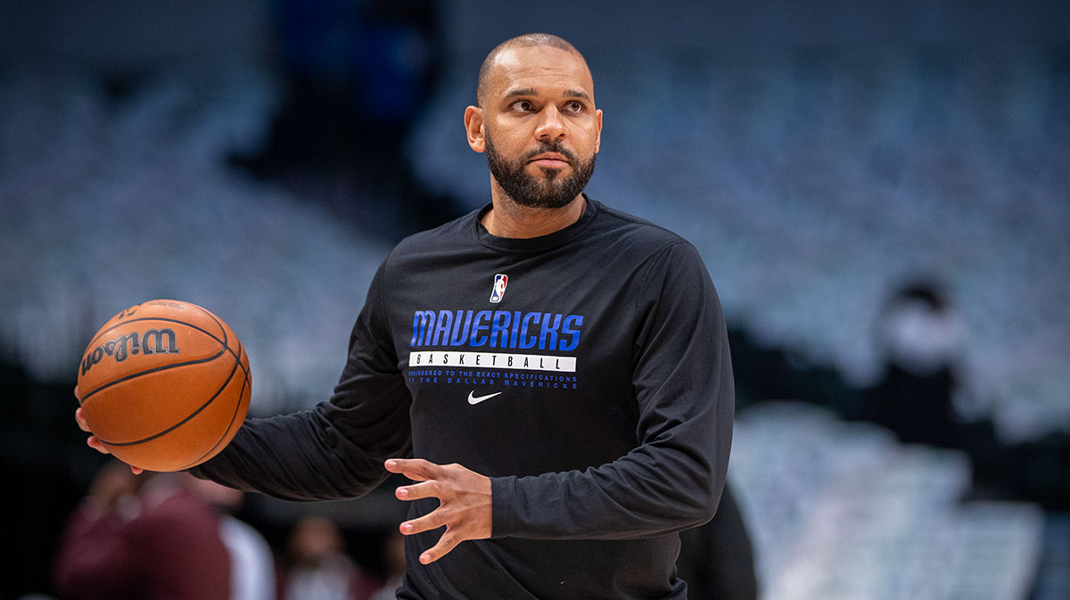 Dallas Mavericks assistant coach Jared Dudley works with the Mavericks before the game against the Boston Celtics at the American Airlines Center.