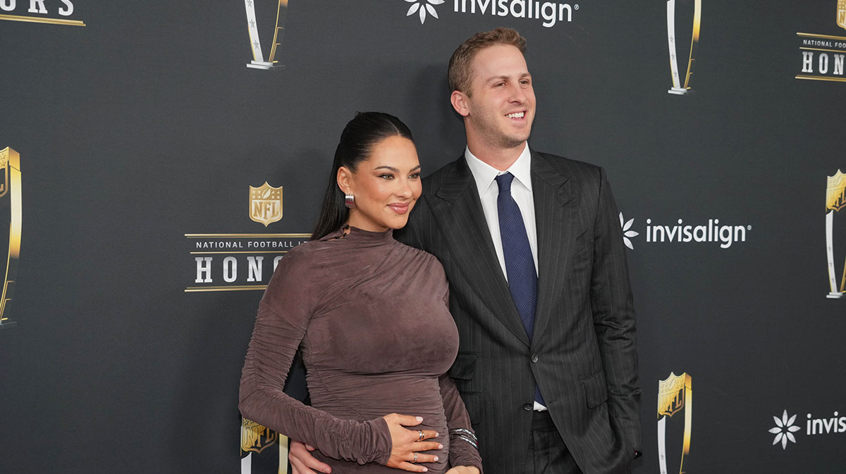 Feb 6, 2025; New Orleans, LA, USA; Jared Goff and his wife Christen Harper on the red carpet before Super Bowl LIX NFL Honors at Saenger Theatre. 