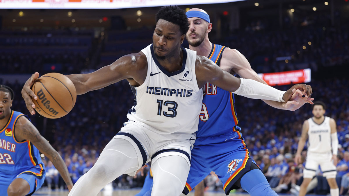 Memphis Grizzlies forward Jaren Jackson Jr. (13) moves the ball against Oklahoma City Thunder guard Alex Caruso (9) in the third quarter during game two of first round for the 2024 NBA Playoffs at Paycom Center.