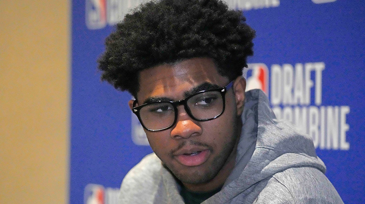 May 14, 2025; Chicago, Il, USA; Jase Richardson talks to the media during the 2025 NBA Draft Combine at Marriott Marquis Chicago.