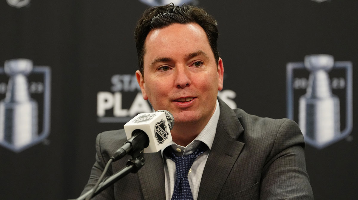 Edmonton Oilers head coach Jay Woodcroft fields questions in a press conference after the Oilers defeated the Vegas Golden Knights in game two of the second round of the 2023 Stanley Cup Playoffs at T-Mobile Arena.
