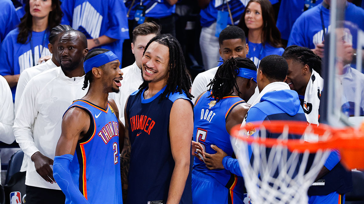 Oklahoma City Thunder guard Shai Gilgeous-Alexander (2) celebrates with Oklahoma City Thunder forward Jaylin Williams (6) during the fourth quarter of game seven of the 2025 NBA Finals against the Indiana Pacers at Paycom Center.