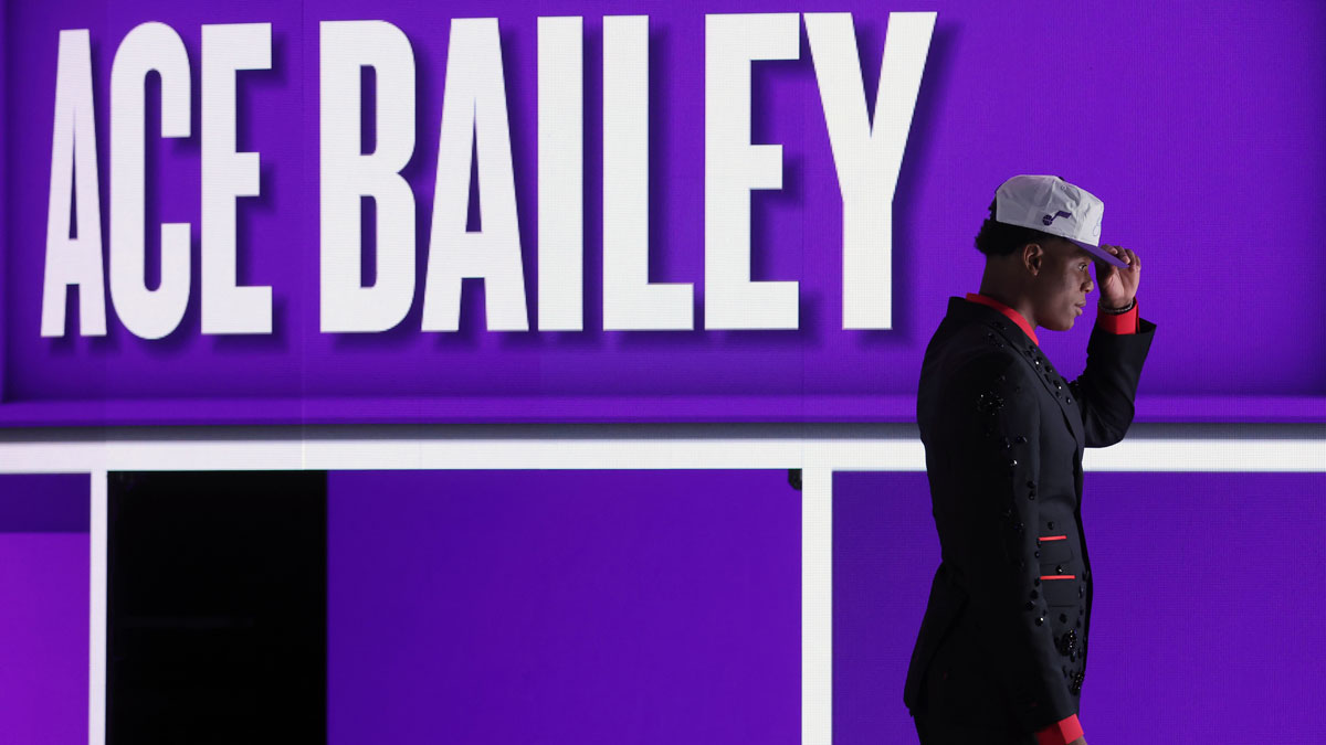 Ace Bailey looks on after being selected as the fifth pick by the Utah in the first round of the 2025 NBA Draft at Barclays Center.