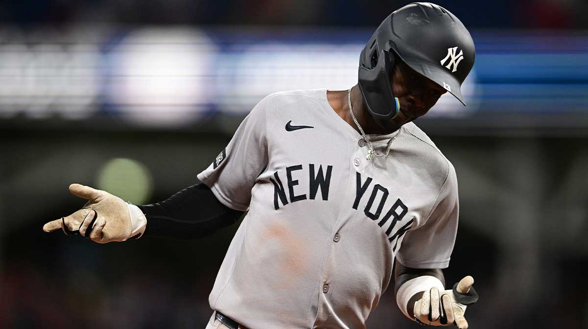 Apr 21, 2025; Cleveland, Ohio, USA; New York Yankees second baseman Jazz Chisholm Jr. (13) runs the bases after hitting a two run home run off Cleveland Guardians relief pitcher Paul Sewald (34) during the eighth inning at Progressive Field.