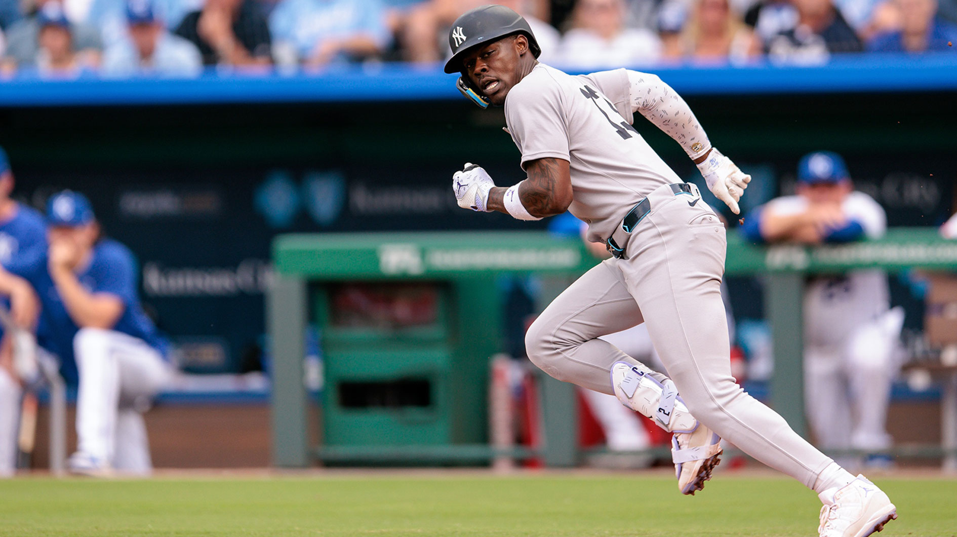 New York Yankees second base Jazz Chisholm Jr. (13) watches the ball after a bunt during the first inning against the Kansas City Royals.