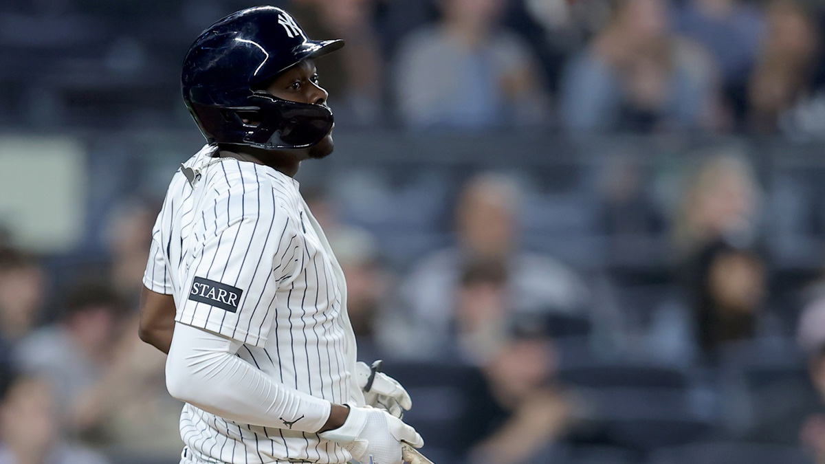 New York Yankees third baseman Jazz Chisholm Jr. (13) watches his solo home run against the Cleveland Guardians during the seventh inning.