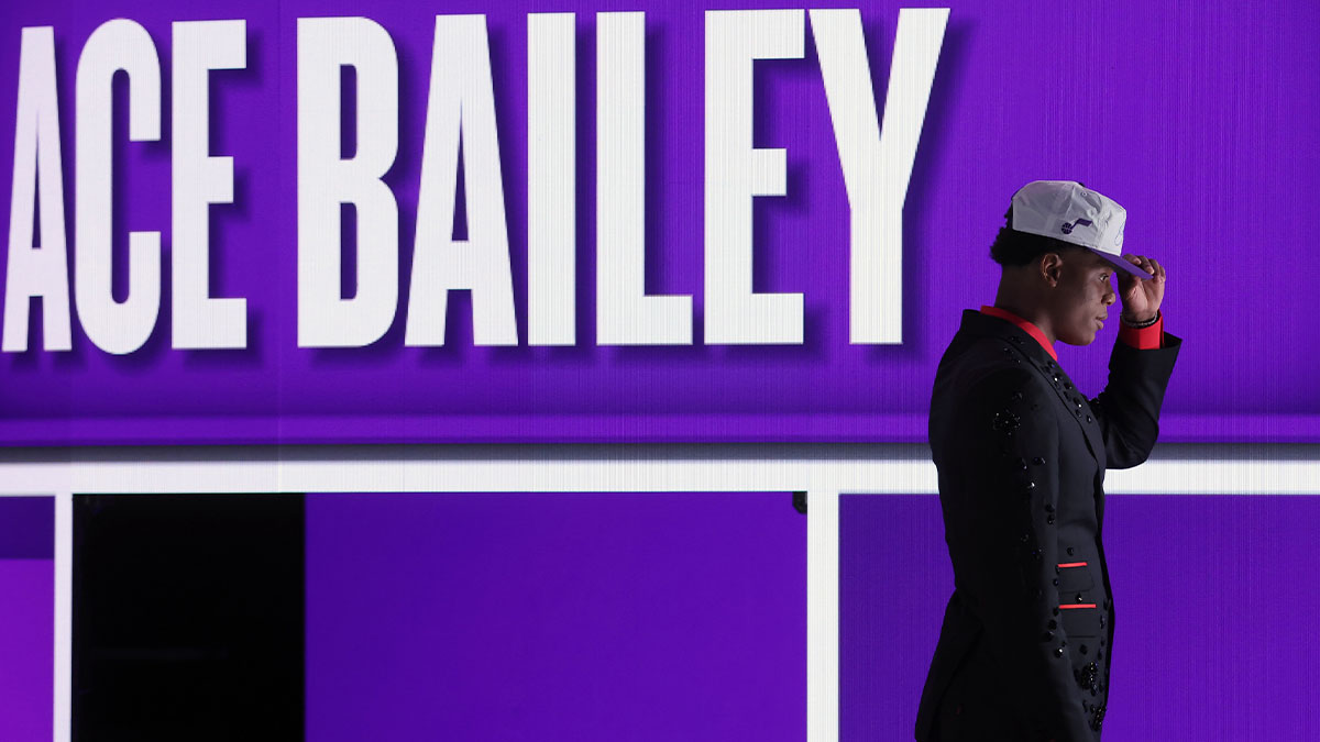 Ace Bailey looks on after being selected as the fifth pick by the Utah in the first round of the 2025 NBA Draft at Barclays Center.