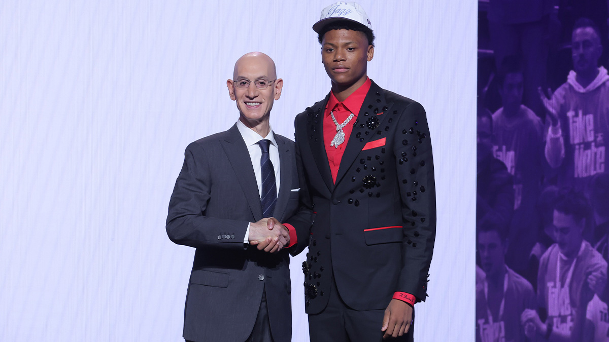 Ace Bailey stands with NBA commissioner Adam Silver after being selected as the fifth pick by the Utah Jazz in the first round of the 2025 NBA Draft at Barclays Center.