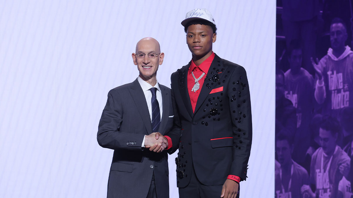 Ace Bailey stands with NBA commissioner Adam Silver after being selected as the fifth pick by the Utah Jazz in the first round of the 2025 NBA Draft at Barclays Center