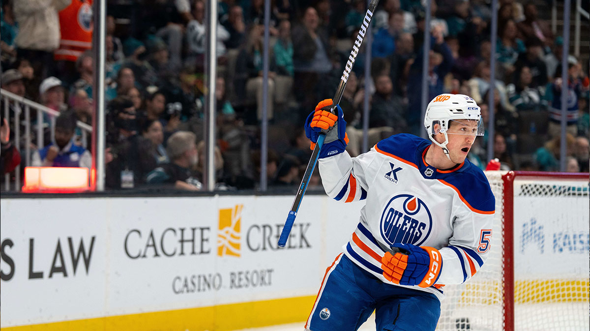 Edmonton Oilers center Jeff Skinner (53) celebrates after the goal against the San Jose Sharks during the first period at SAP Center at San Jose.