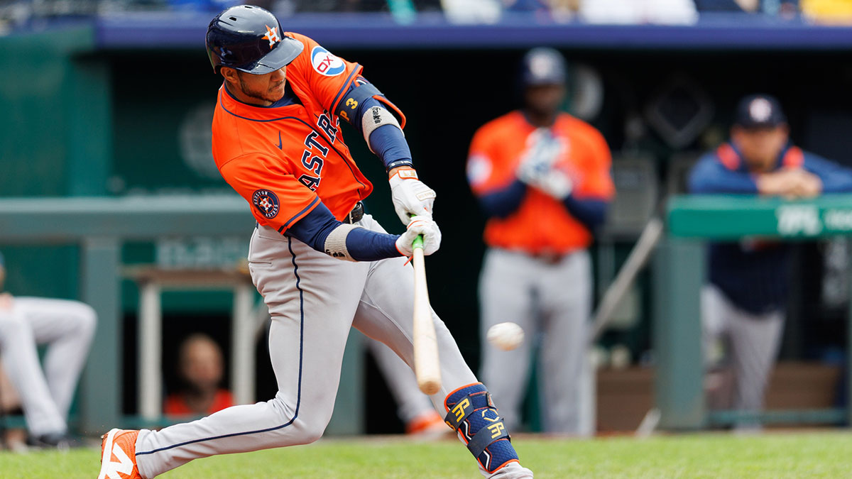 Apr 27, 2025; Kansas City, Missouri, USA; Houston Astros shortstop Jeremy Peña (3) at bat during the third inning against the Kansas City Royals at Kauffman Stadium.