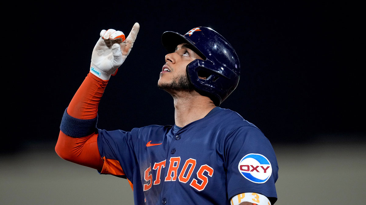 Houston Astros shortstop Jeremy Pena (3) reacts after hitting a single against the Athletics in the seventh inning at Sutter Health Park.