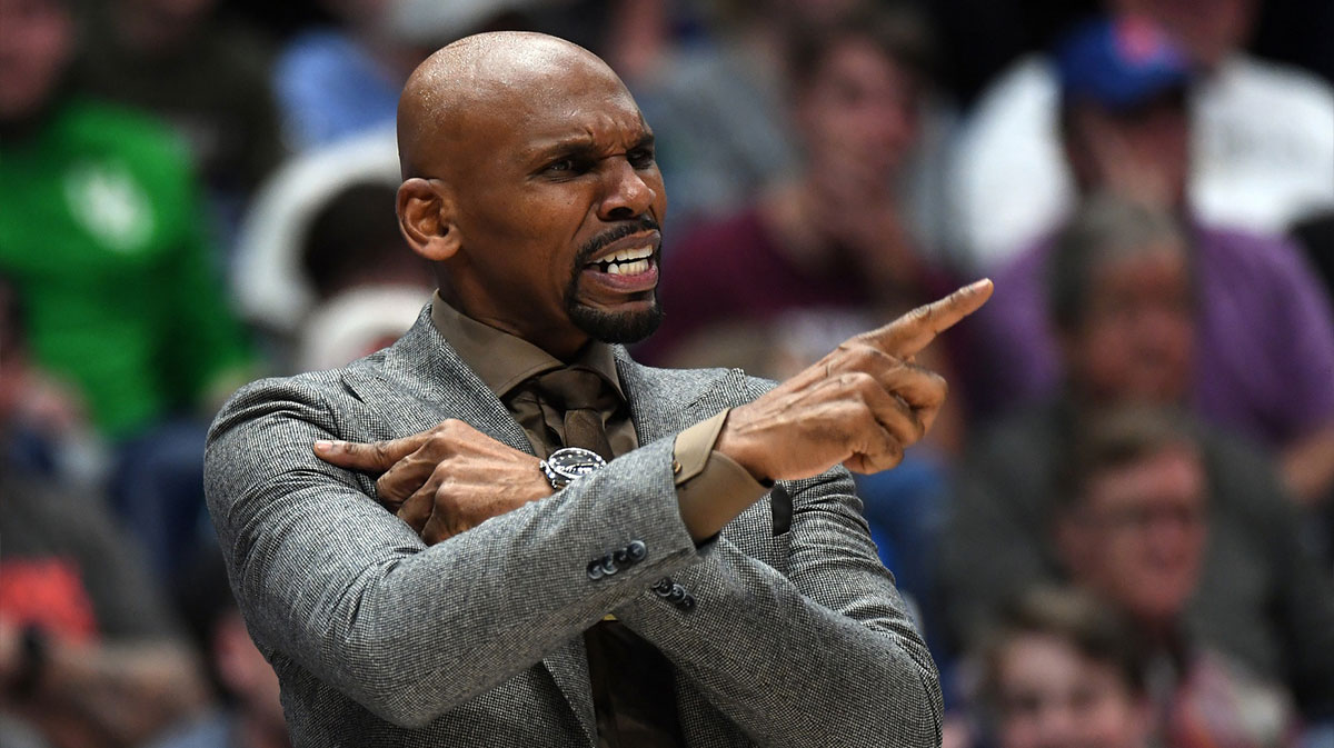 Vanderbilt Commodores head coach Jerry Stackhouse yells from the bench in overtime against the Arkansas Razorbacks at Bridgestone Arena.