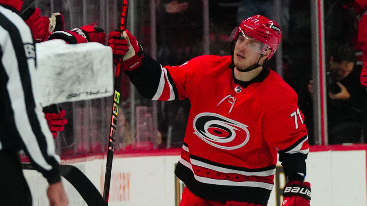 Carolina Hurricanes right wing Jesper Fast (71) celebrates his goal against the Montreal Canadiens during the second period at PNC Arena.