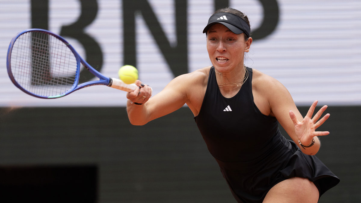 Jessica Pegula of the United States returns a shot during her match against Lois Boisson of France on day nine at Roland Garros Stadium.