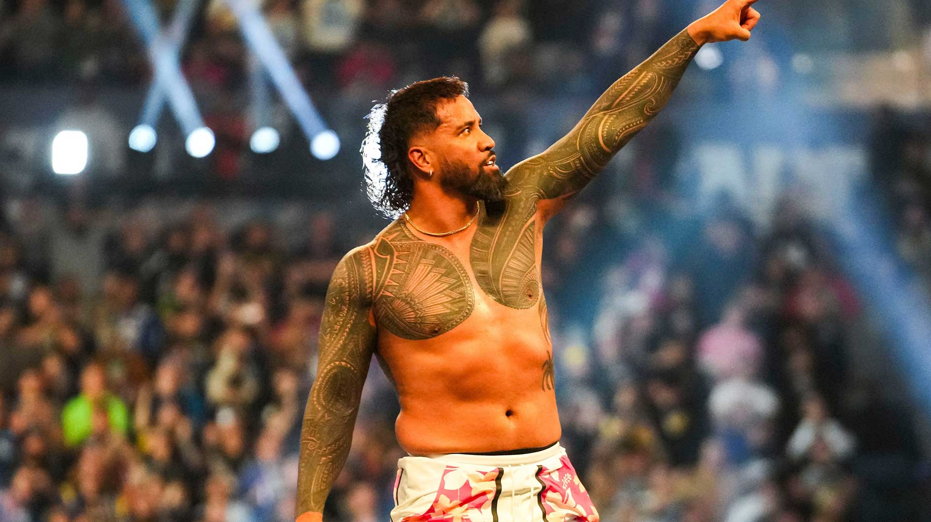 Jey Uso celebrates winning Saturday, Feb. 1, 2025, during the WWE Royal Rumble at Lucas Oil Stadium in Indianapolis.