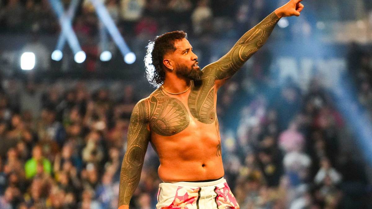Jey Uso celebrates winning Saturday, Feb. 1, 2025, during the WWE Royal Rumble at Lucas Oil Stadium in Indianapolis.