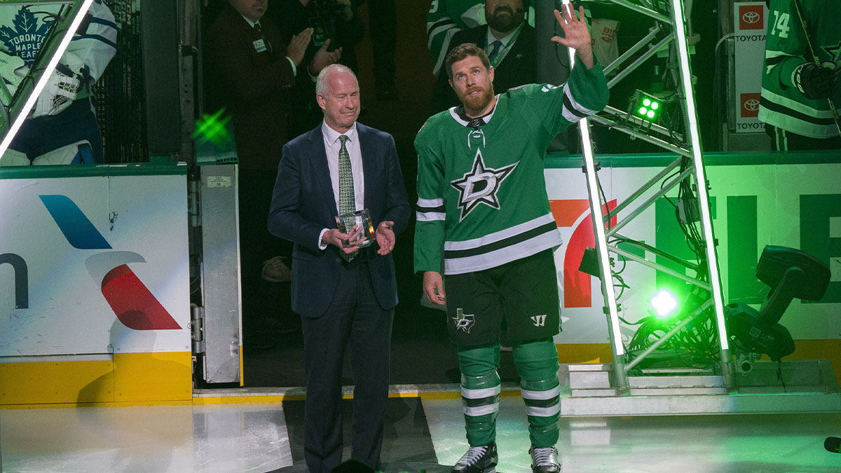 The Dallas Stars and general manager Jim Nill honor center Joe Pavelski (16) for scoring his 1,000 career NHL point in a ceremony before the game between the Dallas Stars and the Toronto Maple Leafs at the American Airlines Center.