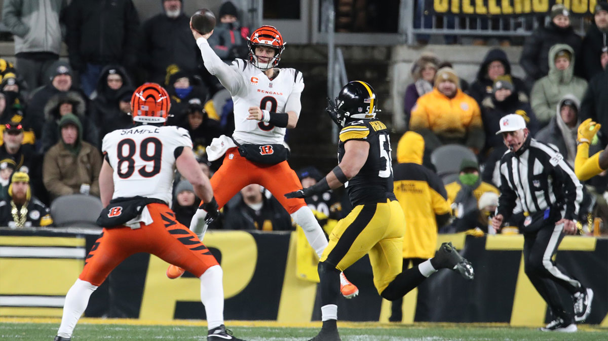 Cincinnati Bengals star Joe Burrow, who will star in Netflix's Quarterback Season 2, throwing a pass against the Pittsburgh Steelers.