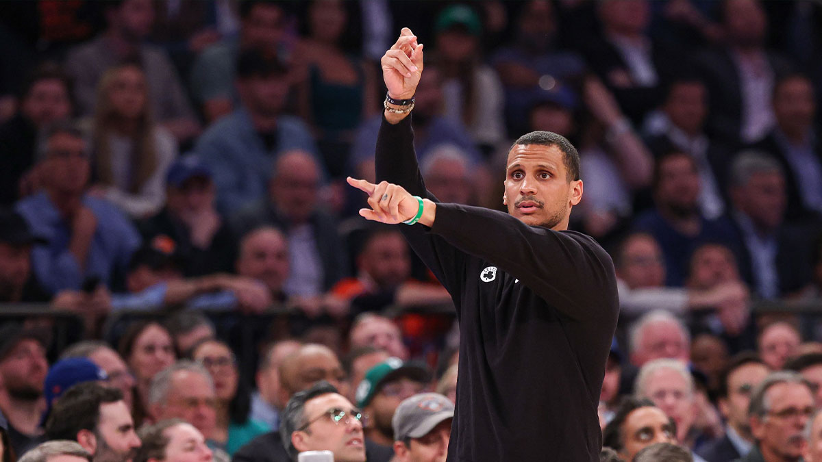 Boston Celtics head coach Joe Mazzulla reacts in the second half during game four of the second round for the 2025 NBA Playoffs against the New York Knicks at Madison Square Garden.