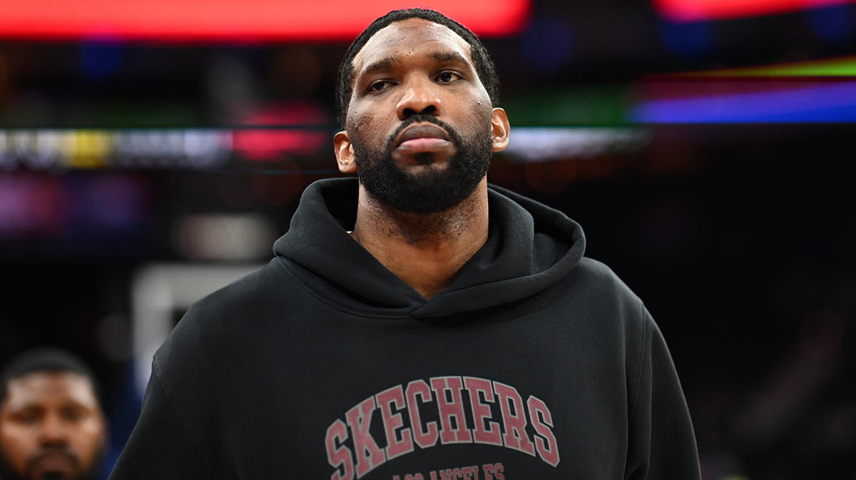 Philadelphia 76ers center Joel Embiid looks on after the game against the Milwaukee Bucks at Wells Fargo Center.