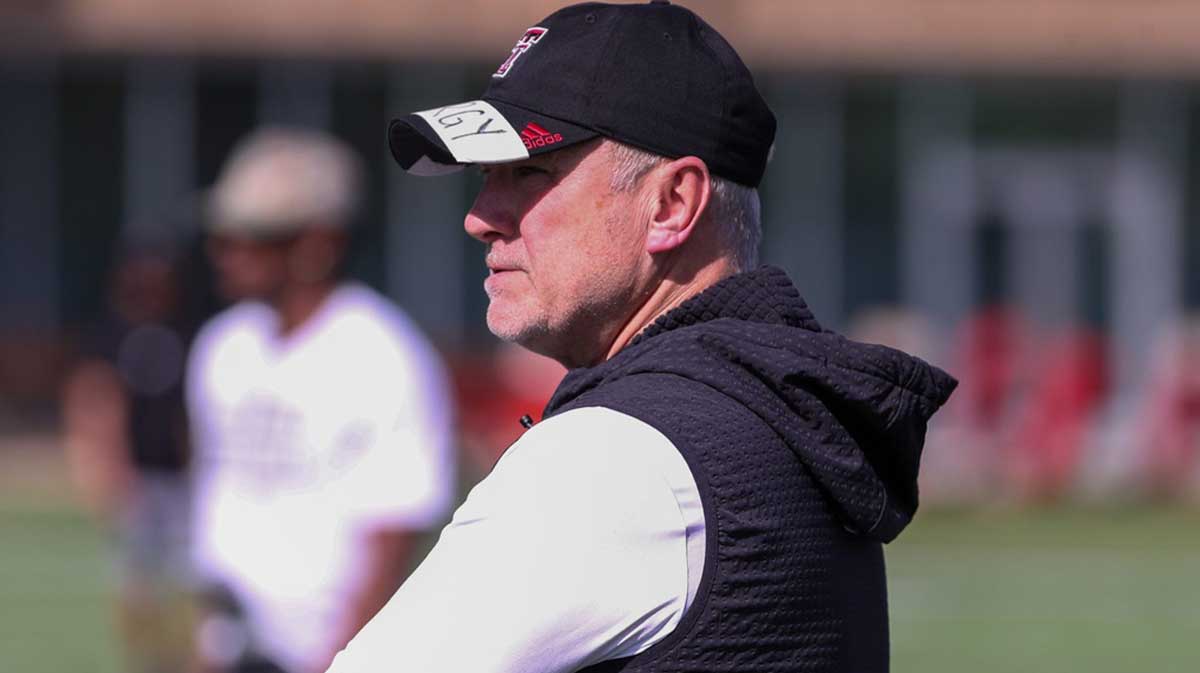 Texas Tech head coach Joey McGuire looks on during spring football practice, Thursday, April 10, 2025, at the Womble Football Center.