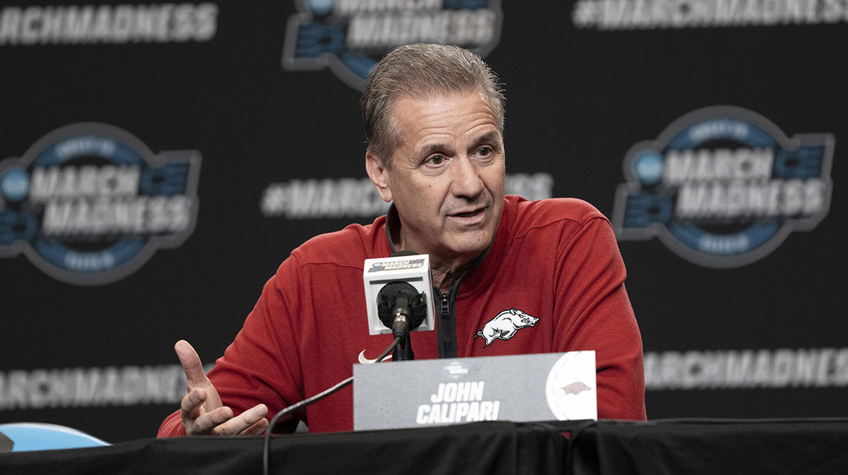 Arkansas Razorbacks head coach John Calipari addresses the media in a press conference during NCAA Tournament West Regional Practice at Chase Center.