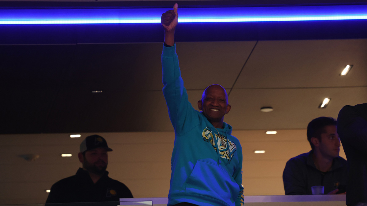 John Haliburton, father of Indiana Pacers guard Tyrese Haliburton (0), reacts from an suite prior to game four of the eastern conference finals between the Indiana Pacers and the New York Knicks for the 2025 NBA Playoffs at Gainbridge Fieldhouse.