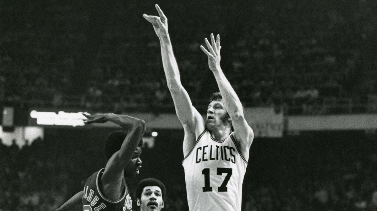 Boston Celtics forward John Havlicek (17) in action against the Milwaukee Bucks. Havlicek, known as the best 6th man in NBA history, is the Celtics all-time leader with 26,395 points and will be remembered for stealing an inbounds pass in the 1965 Eastern Conference finals to seal the win for the Celtics.