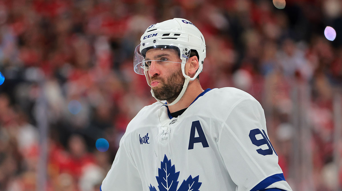 Toronto Maple Leafs center John Tavares (91) looks on against the Florida Panthers during the first period in game six of the second round of the 2025 Stanley Cup Playoffs at Amerant Bank Arena.
