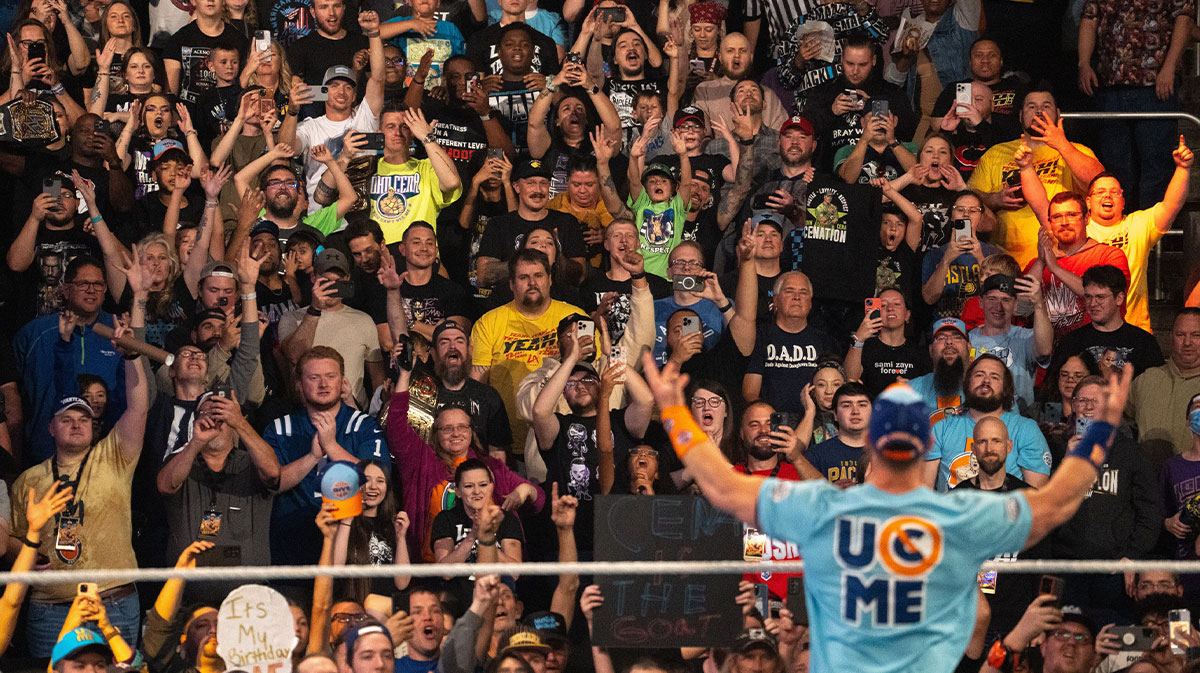 John Cena fires up the crowd during the WWE Fastlane pro wrestling event Saturday, Oct. 7, 2023, at the Gainbridge Fieldhouse in Indianapolis.