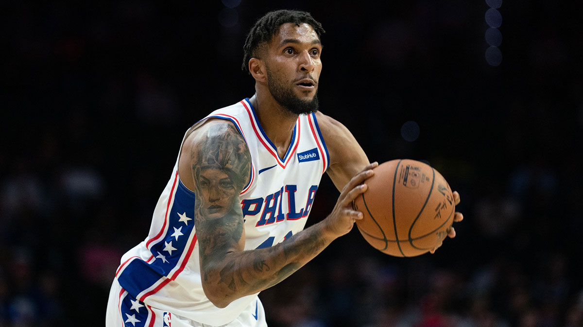 Philadelphia 76ers forward Jonah Bolden (43) shoots against the Detroit Pistons at Wells Fargo Center.