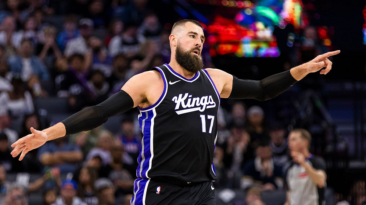 Sacramento Kings center Jonas Valanciunas (17) reacts after scoring against the Phoenix Suns during the fourth quarter at Golden 1 Center.