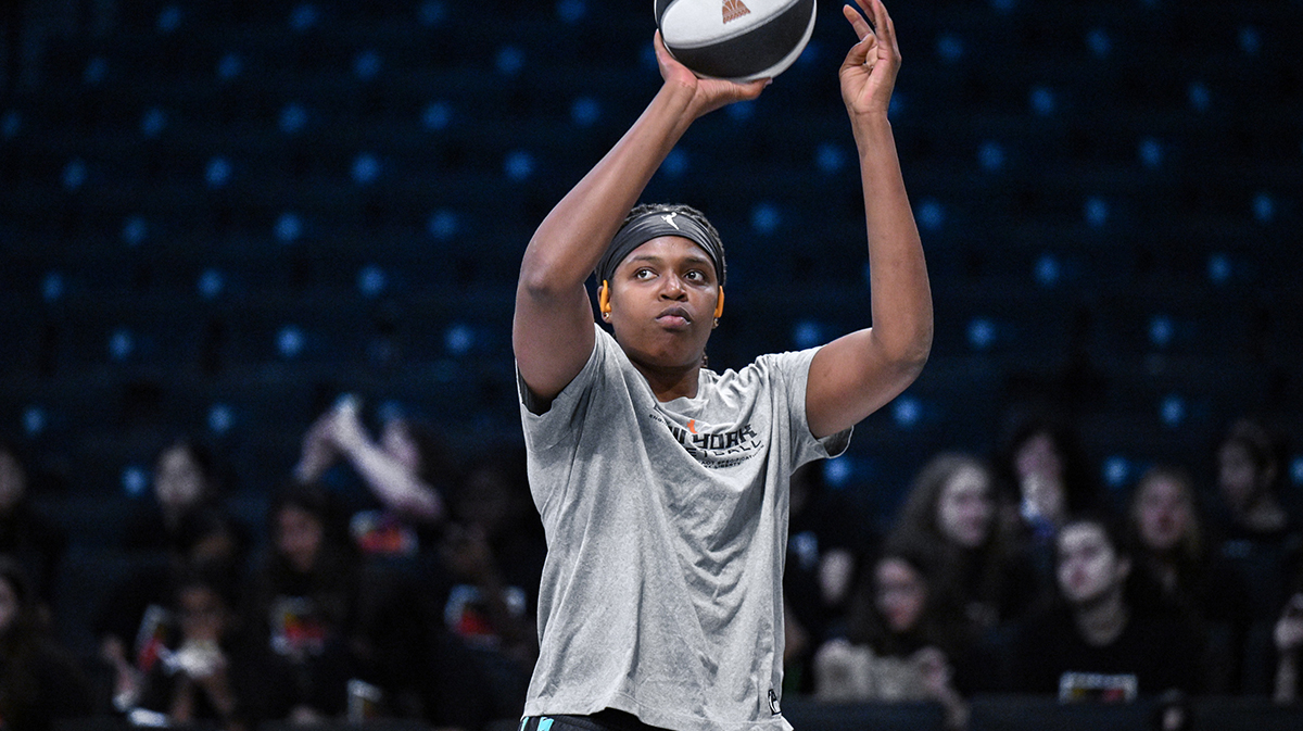 New York Liberty center Jonquel Jones (35) warms up before a game against the Connecticut Sun at Barclays Center.