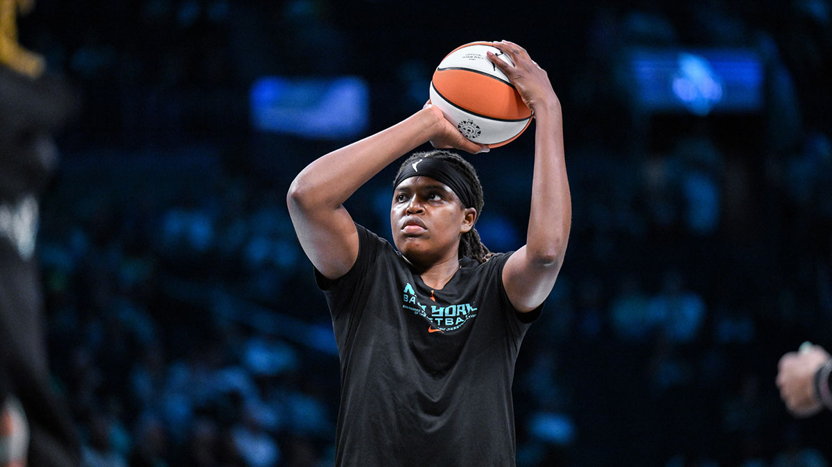 New York Liberty center Jonquel Jones (35) warms up before a game against the Phoenix Mercury at Barclays Center.