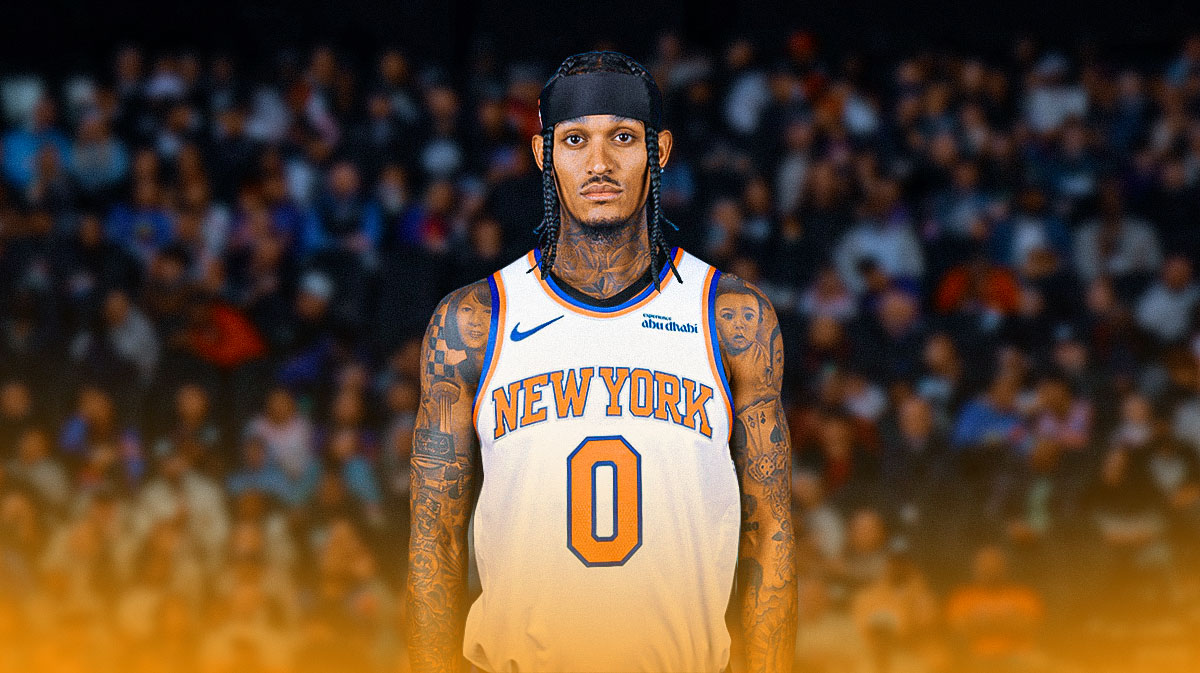 Jordan Clarkson in a #00 New York Knicks jersey. Madison Square Garden behind him and orange underneath