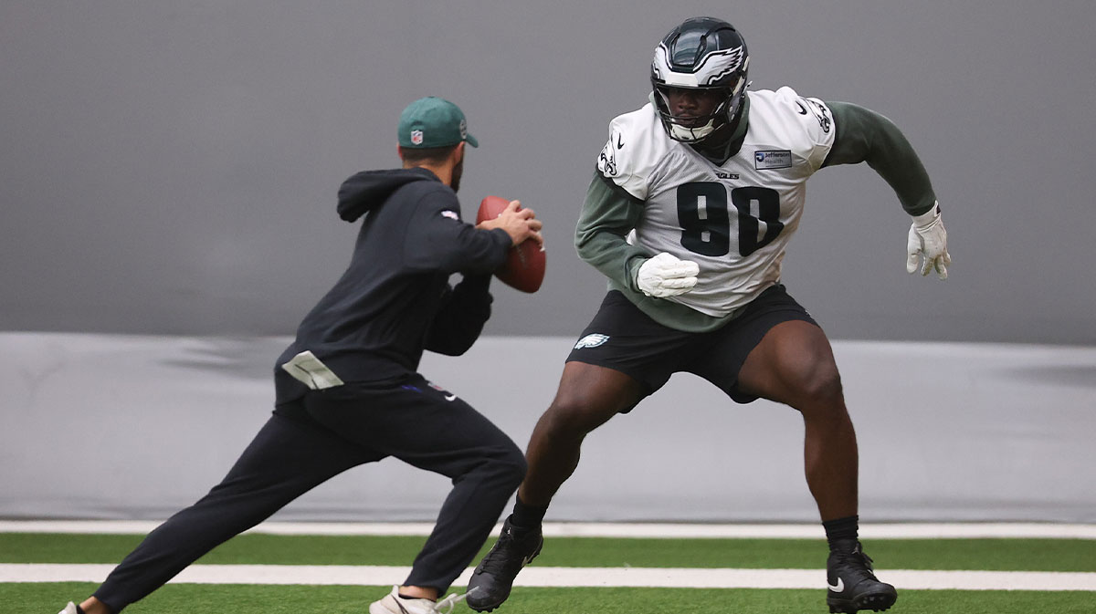 Philadelphia Eagles defensive tackle Jordan Davis (90) runs a drill during OTAs at NovaCare Complex.