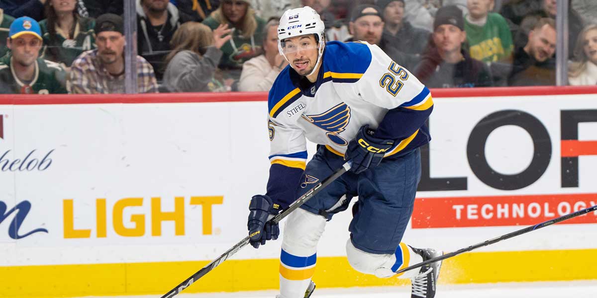 St. Louis Blues center Jordan Kyrou (25) gets a breakaway and will score on a wrap-around behind the Minnesota Wild net in the third period at Xcel Energy Center.
