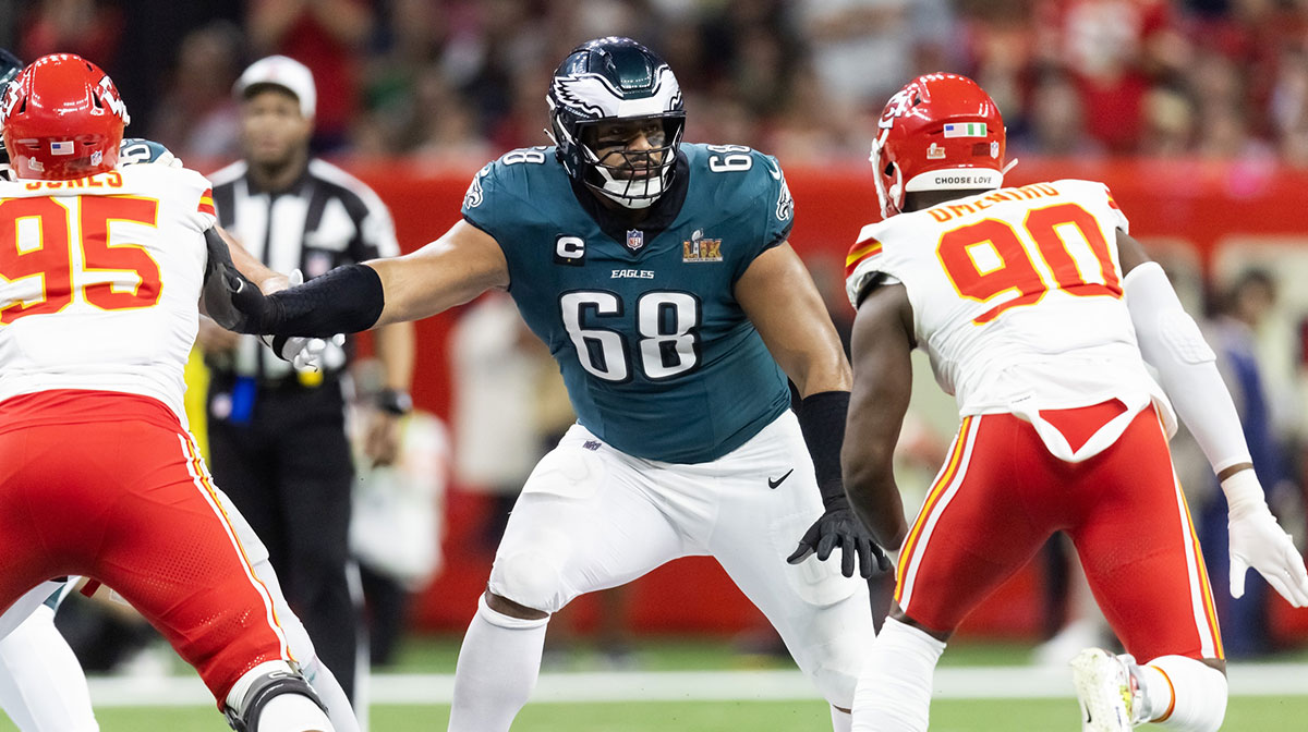  Philadelphia Eagles offensive tackle Jordan Mailata (68) against the Kansas City Chiefs during Super Bowl LIX at Ceasars Superdome.