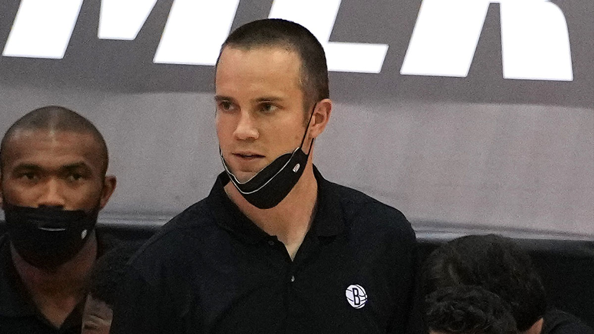 Brooklyn Nets Summer League head coach Jordan Ott reacts during a game against the Washington Wizards at Cox Pavillion.